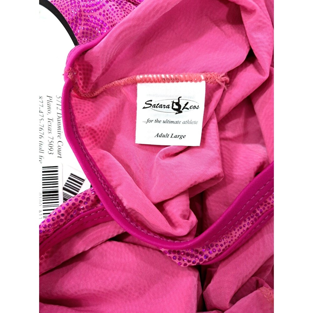 Satara VTG Barbie Pink Foiled Circles Racerback Leotard Open Back Keyhole Sz AL - Picture 12 of 15